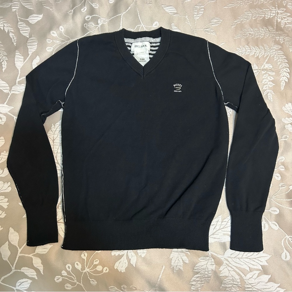 Diesel V Neck Sweater Boys Medium Black White Fine Knit Cotton Preppy